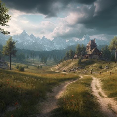 These ideas are so you - walkerddavis@gmail.com - Gmail Fantasy Road Landscapes, The Witcher Landscape Art, Fantasy Road Art, Medieval Landscape Art, Dungeons And Dragons Landscape, Fantasy Places City, Fantasy Farmland, Witcher Landscape, Mountain Background Landscape