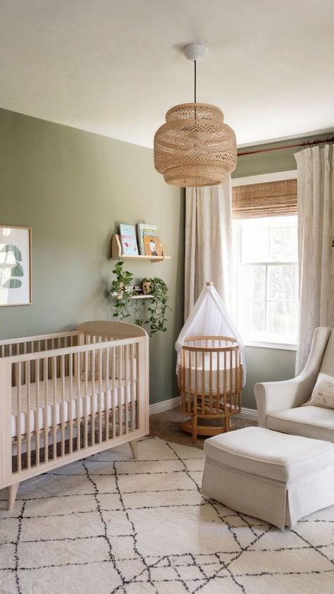 A tranquil green nursery with sage walls, natural wood furniture, and cozy decor for a peaceful and inviting feel. Green Nursery Ideas, Serene Nursery, Sage Green Nursery, Green Baby Room, Calm Space, Nursery Designs, Wood Nursery, Sage Green Walls, Green Nursery