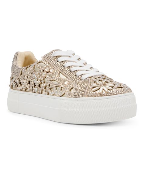 PRICES MAY VARY. Betsey Johnson Rhinestone Platform Sneaker 1.5 inch platform Traditional lace-up closure Wedding Platform, Bridal Sneakers, Blue By Betsey Johnson, Wedding Sneakers, Gold Sneakers, Gold Shoes, Womens Athletic Shoes, Platform Sneaker, Lacing Sneakers