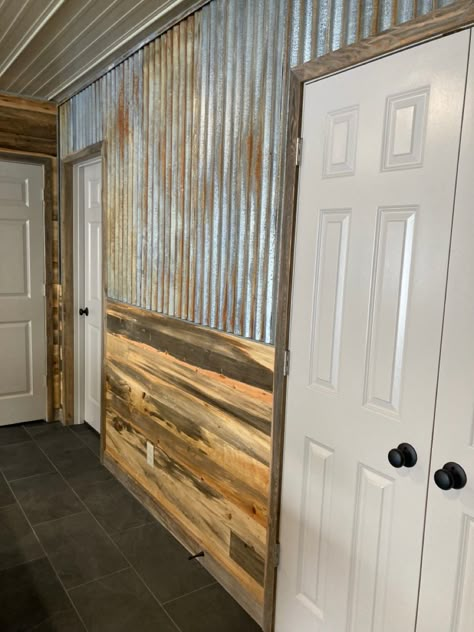 Rustic Wanescoting Ideas, Metal Tin Wall Ideas, Corrugated Metal Interior Walls, Tin Roof Bedroom, Corrugated Interior Walls, Corrugated Metal Ceiling Basement, Galvanized Accent Wall, Barndominium Wall Ideas, Tin Accent Wall Living Room