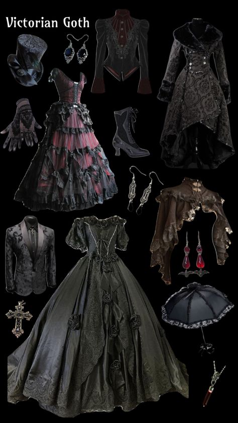 Gothic Historical Clothing, Formal Gothic Dresses, Victorian Gothic Fashion Women, Old Gothic Fashion, Victorian Gothic Aesthetic Outfit, Romantic Gothic Outfits, Dark Victorian Aesthetic Outfit, Goth Victorian Outfits, Goth Outfit Board