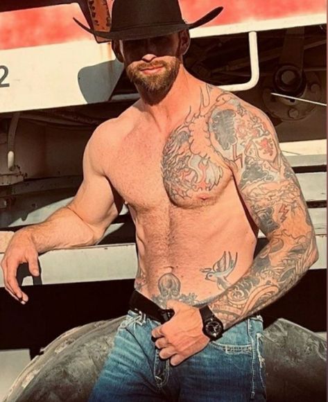 Cowboy With Tattoos, Tattooed Cowboy, Tattoo Name Fonts, Cowboy Tattoos, Country Men, Facial Hair, Country Boys, Bearded Men, Tattoos For Guys