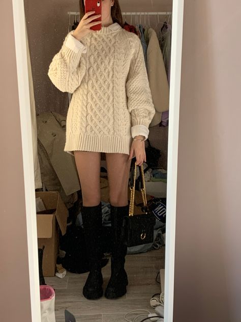 Outfit with a sweater dress and shirt // high knee boots #zara #sweater #sweaterdressoutfit Oversized Sweater Knee High Boots, Sweater Dress With Converse, Sweater Dress Aesthetic, Sweater Dress With Heels, Long Boots Outfit Winter Knee Highs, Oversized Sweater Dress Outfit, Green Sweater Dress Outfit, Skirt Boots Outfit, Book Dresses