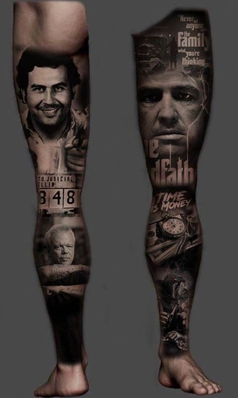 Gangsta Leg Sleeve, Full Leg Tattoo Design, Men Leg Sleeve, Leg Sleeve Tattoo Men Full, Chicano Leg Sleeve, Mafia Theme, Portrait Tattoo Sleeve, Tattoo Mafia, Tattoo Perna