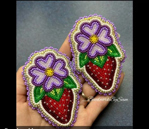 Strawberry Beadwork, Indigenous Strawberry Art, Ojibwe Beaded Earrings, Beaded Headband Regalia, Beaded Fireweed, Powwow Beadwork, Alaska Native Beadwork, Native Artwork, Beautiful Beaded Earring