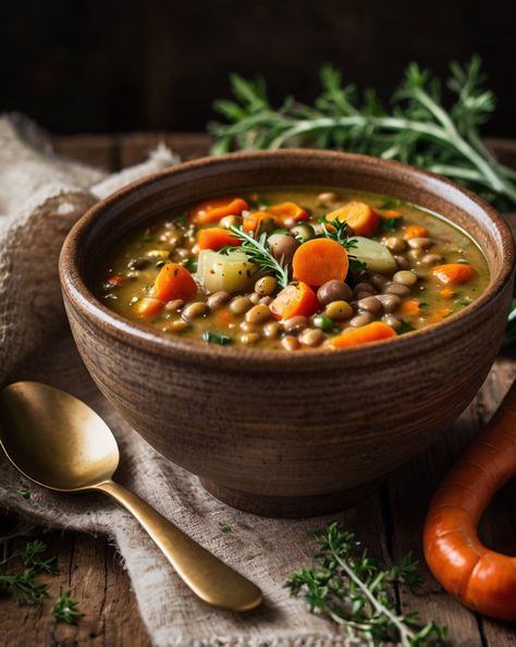 Hearty Winter Lentil Vegetable Soup	 For a warming winter soup, grab:  1. Green lentils 2. Carrot 3. Potato 4. Celery 5. Thyme . #recipes #food #salad #soup #delicious #vegetables #cooking #pasta #foodie #yummy #healthyfood Soup Aesthetic, Lentil Vegetable Soup, Cooking Pasta, Thyme Recipes, Salad Soup, Winter Soup, Food Salad, Winter Vegetables, Future Dreams