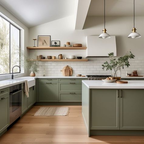 Scandi Kitchen Living Room, Scandinavian Kitchen Green Cabinets, Modern Kitchen Design Green And White, L Shaped Kitchen Green, Bottom Cabinets Different Color, Khaki Cabinets Kitchen, Walnut And Green Kitchen, Light Green Kitchen Walls, White And Green Kitchen