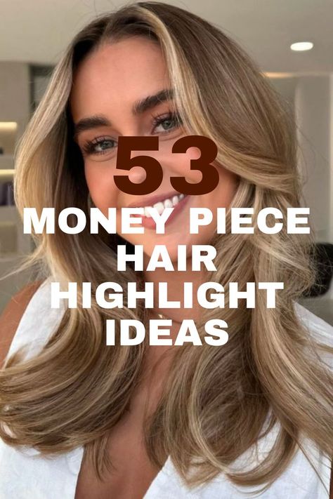 A long, wavy hairstyle with blonde money piece highlights framing the face for a stylish, dimensional look. Money Piece Hair Layers, Money Piece On Brunette Hair, Bold Blonde Money Piece, Soft Money Piece Hair, Face Framing Highlights Blonde, Beown Hair, Money Piece Hairstyle, Money Piece Hair Color, Piece Hair Color