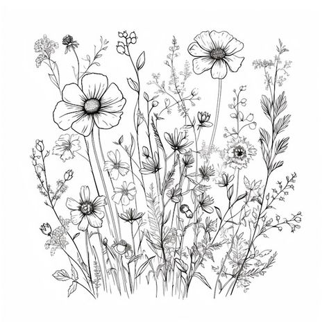 Wildflower Field Drawing, Simple Floral Drawing, Flower Ink Drawing, Cottage Core Flowers, Art Psychology, Wildflower Drawing, Wildflower Tattoo, Leg Tattoos Women, Floral Drawing