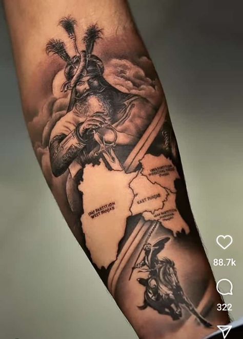 Punjab Related Tattoo, Khalistan Tattoo, Punjab Theme Tattoo, Hari Singh Nalwa Tattoo Design, Maharaja Ranjit Singh Tattoo, Punjabi Warrior Tattoo, Sikhi Tattoo Design, Tattoo Ideas Punjabi, Singh Tattoo Design