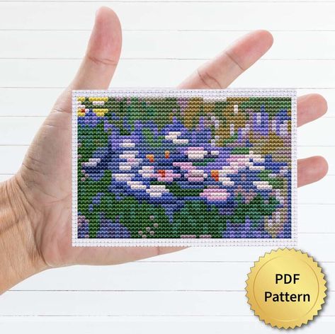 Monet Pixel Art, Monet Cross Stitch, Unique Cross Stitch, Monet Art, Gifts For Art Lovers, Cross Stitch Flowers, Water Lilies, Miniature Art, Claude Monet