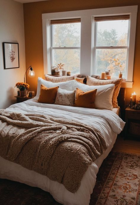 Fall is here, and it’s time to cozy up your bedroom to match the changing season!  As the leaves turn golden and the air gets … Fall Bedding Bedrooms, Fall Bedroom Decor Cozy, Fall Bed, Fall Bedroom Aesthetic, Autumn Bedroom, Fall Bedroom Ideas, Cosy Fall, Fall Room, Cozy Bedrooms