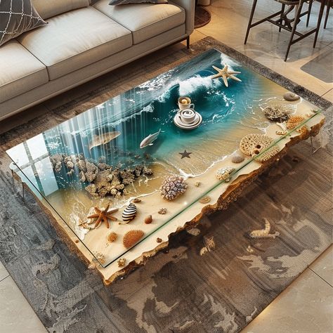 Shoreline Splendor: Beach-Inspired Coffee Tables For Your Home Epoxy Coffee Table Ideas, Ocean Theme Resin Art, Epoksi Table, Sea Interior Design, Shadow Box Table, Epoxy Countertops, Seni Resin, Beach Interior Design, Home Inspo Cozy