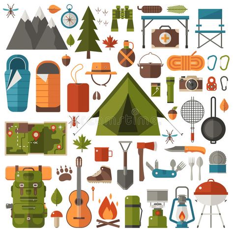 Camping Illustration, Camping Icons, Camping Desserts, Hiking Photography, Hiking Pictures, Camping Set, Festival Camping, Camping Theme, Hiking Equipment