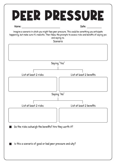 Peer-Pressure Worksheets for Teens Friendship Activities For Teens, Positive Peer Relationship Activities, Therapy Games For Teens, Communication Activities For Kids, Therapy Interventions For Teens, Peer Pressure Worksheets, Communication Activities For Teens, Peer Pressure Activities For Teens, Impulse Control Activities For Teens