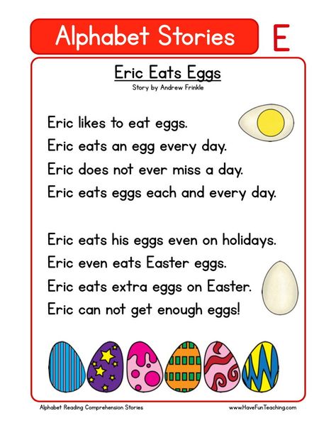 This Reading Comprehension Worksheet - Eric Eats Eggs is for teaching reading comprehension. Use this reading comprehension story to teach reading comprehension. Alphabet Stories, Worksheet Alphabet, Ingles Kids, Remedial Reading, Phonics Reading Passages, Phonics Readers, Teaching Reading Comprehension, Reading Comprehension Kindergarten, Phonics Free