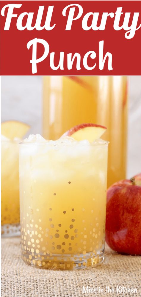 Easy Fall Party Punch is so simple with just 3 ingredients and it's just bursting with fall flavor! Perfect for any fall holiday or family get together and is sure to be loved by both kids and adults. #missinthekitchen #falldrinks #partypunch #applecider #gingeralepunch #thanksgiving Apple Cider Ginger Ale Punch, Gingerale Punch Non Alcoholic, Cider Punch Recipes Alcohol, Fall Rum Punch Recipes, Apple Punch Recipes Non Alcoholic, Easy Fall Punch Recipes, Gingerale Punch, Apple Cider Punch Non Alcoholic, Fall Drinks For Kids