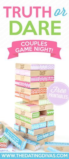 Truth or Dare couples date night idea with FREE PRINTABLES! The Dating Divas really hit it out of the park with this one!! Truth Or Dare Couples, Truth Or Dare Jenga, Couples Date Night, Couples Game Night, Games For Couples, Games Night, Truth And Dare, Truth Or Dare, The Dating Divas