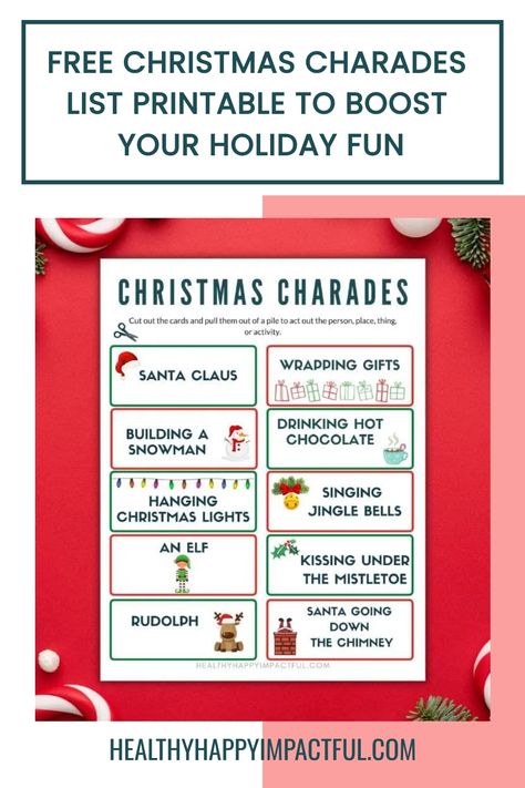 Free Christmas charades list printable with holiday activities like wrapping gifts, building a snowman, and hanging Christmas lights. Holiday Charades For Adults, Christmas Games For Friends, Charades Ideas For Adults, Charades List, Charades For Adults, Holiday Charades, Charades Words, Christmas Charades Game, Charades For Kids