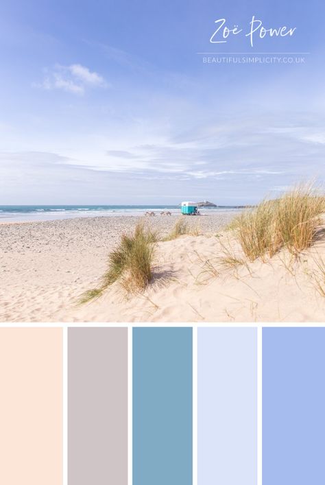 This sky blue Colour Palette was inspired by the beautiful Gwithian beach in Cornwall on a lovely summer’s day – think soft sand between your toes, the sun on your face and blue skies overhead. Available to buy as a print in a range of formats, as well as greeting cards, postcards, notebooks, stickers, tote bags, coasters and more. It would make the perfect coastal holiday home decor. #colourpalette #colorpalette #pastel #skyblue #sand #vacation #summer  #beach Sky Blue Colour Palette, Sky Blue Palette, Soft Blue Color Palette, Coastal Colour Palette, Beach Color Palettes, Sunset Color Palette, Pastel Blue Color, Coastal Holiday, Hydrangea Colors