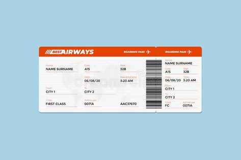 Realistic Airline Flight Ticket Boarding Pass Design Template with First Class Passenger Name and Barcode. Air Travel by Stock Vector - Illustration of boarding, economy: 167457136 Flight Ticket Design, Plane Ticket Invitation, Fake Ticket, Boarding Pass Design, Ticket Template Free, First Class Tickets, Classroom Materials, Passport Online, Plane Ticket