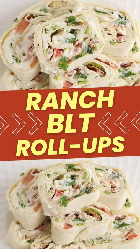 BLT pinwheels are a tasty appetizer packed with classic BLT flavor. Made with crispy bacon, shredded lettuce, juicy tomatoes, and ranch dressing, they are a fun bite-sized alternative to blt sandwiches. They are the perfect finger food for holiday parties, picnics, game day, or even the kids' lunch box! Ranch Blt Pinwheels, Blt Pita Pocket, Blt Roll Ups Appetizers, Mini Blt Sandwiches, Blt Pinwheels Roll Ups, Pin Wheel Sandwiches Recipes, Blt Appetizer Bite Size, Cold Finger Foods Appetizer Recipes, Blt Pinwheels