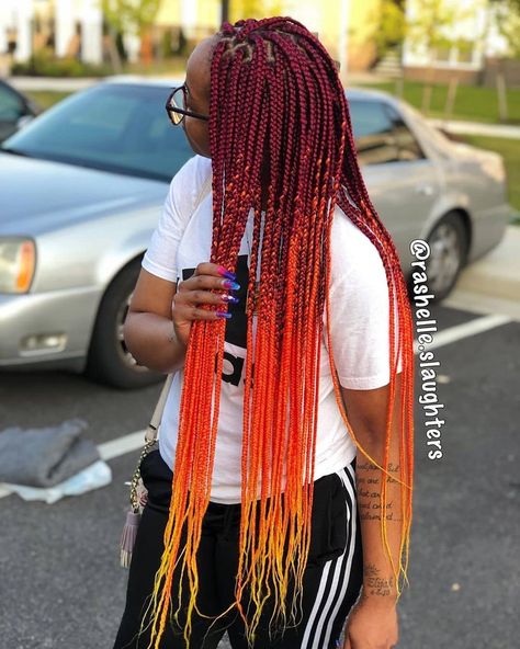 It's Snatched 🔥 #factual Want these braids? Contact @rashelle.slaughters #richmondhairstylist . . . . . . #hair #hairextensions #hairstyle… Ombre Box Braids, 2 Braids, Ombre Braid, Cute Natural Hairstyles, Cute Box Braids, Birthday Hairstyles, Orange Ombre, Red Ombre, Box Braids Styling