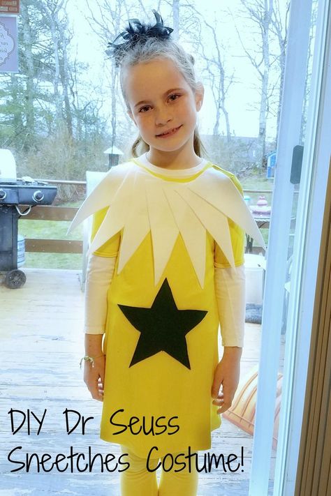 Make your own DIY Dr Seuss Sneetches Costume this halloween or for read across america week! Star Bellied Sneetch | Dr Seuss Costume | Sneetch Costume | DIY Halloween | Make your own costume Sneetches Costume, Dr Suess Costumes, Dr. Seuss Costumes, The Sneetches, Seuss Costumes, Dr Seuss Costumes, Read Across America Week, Make Your Own Costume, Character Day