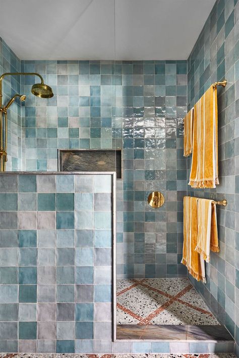 Industrial Style Bathroom, Childrens Bathroom, Handmade Tile, Chic Spaces, Chic Bathrooms, Upstairs Bathrooms, Blue Tiles, Shower Screen, Bathroom Tile