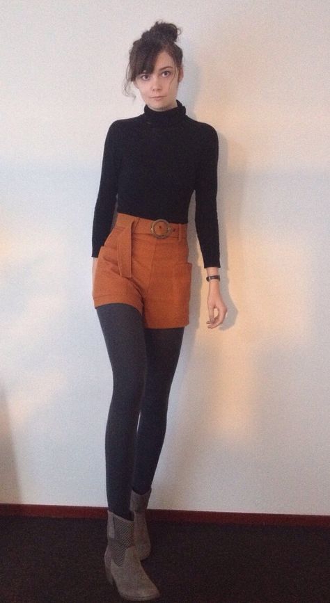 Zara rusted orange shorts + turtle neck + tights + ankle boots Shorts And Turtleneck Outfit, Overall Shorts With Tights, Rust Orange Shorts Outfit, Rust Color Dress Tights, Outfits With Shorts And Tights, Corduroy Shorts With Tights, Brown Skirt Black Tights, Short With Tights Outfit, Fleece Leggings Outfit