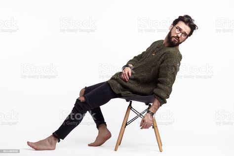 Posing On Chair, Chair Side View, Poses Sitting, Man Posing, Chair Pose, Hipster Man, Man Sitting, Male Poses, Casual Clothing