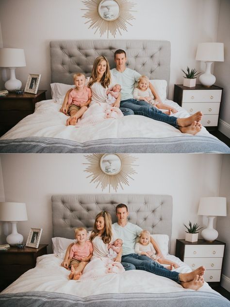 Newborn Family Pictures Bedroom, In Bed Family Photoshoot, Family Photo Bed, Family Pictures In Bed, Family Photo On Bed, Family Photoshoot On Bed, Newborn Family Bedroom Photos, Bedroom Family Photoshoot Ideas, Family Photoshoot Bedroom