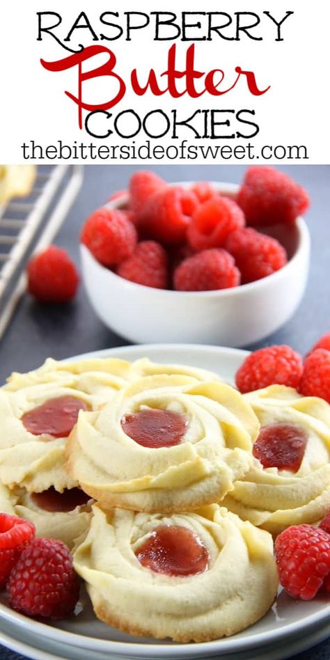 Raspberry Butter Cookies are sweet, simple, and perfect for gifting. Light, crisp butter cookies with a dollop of raspberry jam are great with a cup of tea! | The Bitter Side of Sweet Raspberry Butter, Cheesecake Strawberries, Simple Cookie, Baked Cheesecake, Raspberry Cookies, Homemade Snickers, Cookies Bars, Raspberry Recipes, Butter Cookies Recipe