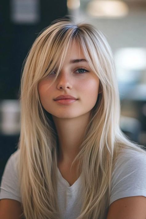 Textured Long Hair Straight, Straight Blond Hairstyles, Long Straight Hairstyles Curtain Bangs, Long Blonde Hair With Long Bangs, Curtains Bangs Straight Hair, Long Blonde Hair With Layers Side Part, Fringe And Long Hair, Girls Haircut Kids Long, Cute Haircuts Straight Hair