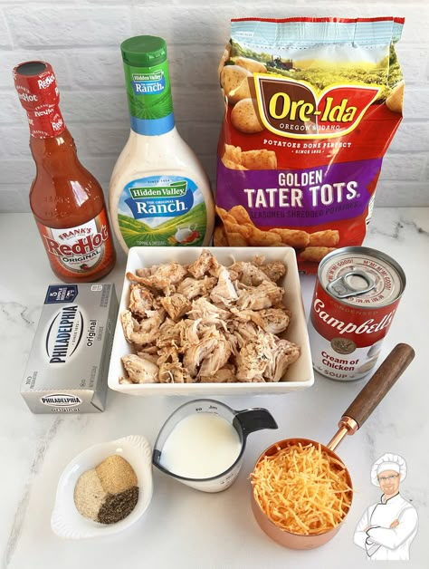 This mouth watering buffalo chicken tater tot casserole is packed full of all the flavors you're looking for! Tender shredded chicken is mixed together with a creamy spicy sauce and topped off with a crunchy layer of tater tots. It's the perfect comfort food dish for any night of the week - it's sure to be a hit! Buffalo Chicken Dip Tater Tot Casserole, Tater Tot Buffalo Chicken Casserole, Rotisserie Chicken Tater Tot Casserole, Tator Tot Buffalo Chicken Casserole, Buffalo Tater Tot Casserole, Buffalo Chicken Tater Tots, Chicken And Tater Tots Recipes, Buffalo Chicken Ideas, Buffalo Chicken Tots