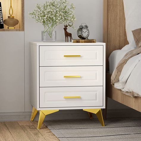 White And Gold Side Table Living Room, Wood Side Table Bedroom, White And Gold Nightstand, Side Table For Bedroom, Gold Nightstand, Side Tables For Bedroom, Table For Bedroom, Wood Bedside Table, 3 Drawer Nightstand