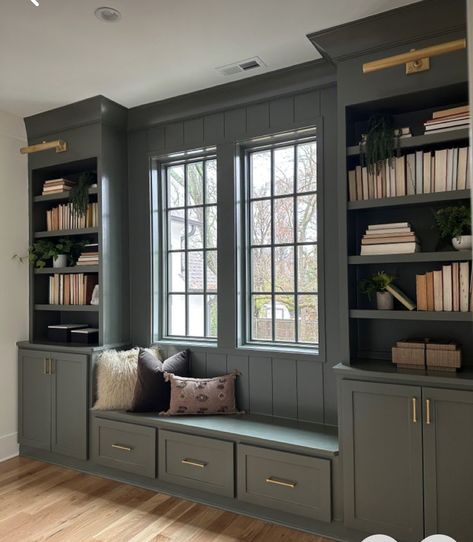 Cozy Home Library, Window Seat Design, Speak Easy, Built In Shelves Living Room, Entry Ideas, Modern Colonial, Ikea Bookshelves, Library Room, Home Library Design