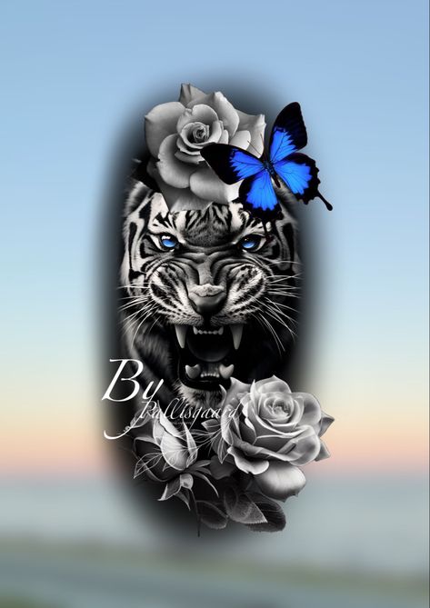 Tiger design with; blue eyes, blue butterfly, and roses Tiger With Blue Eyes Tattoo, Tiger And Butterfly Tattoo, Tiger And Roses Tattoo, Butterfly Tiger Tattoo, Tiger And Rose Tattoo, Tiger With Flowers Tattoo, Tiger Butterfly Tattoo, Lioness Tattoo Design, Tiger Eyes Tattoo