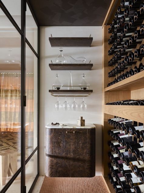 Arent Pyke, Cellar Design, Est Living, Timber Panelling, Wine Display, Bay House, Wine Room, Wine Storage, Burled Wood