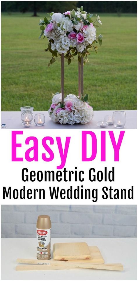 DIY Tall Geometric Gold Wedding Stand for your modern wedding centerpieces. Easy DIY wedding centerpiece. Wedding Centerpiece Stands, Tall Wedding Centerpieces Diy Cheap, Diy Wedding Flower Stand, Tall Diy Wedding Centerpieces, Diy Floral Stand Wedding, Geometric Centerpiece Diy, Diy Tall Table Centerpieces, Diy Tall Flower Centerpieces, Cheap Tall Centerpieces