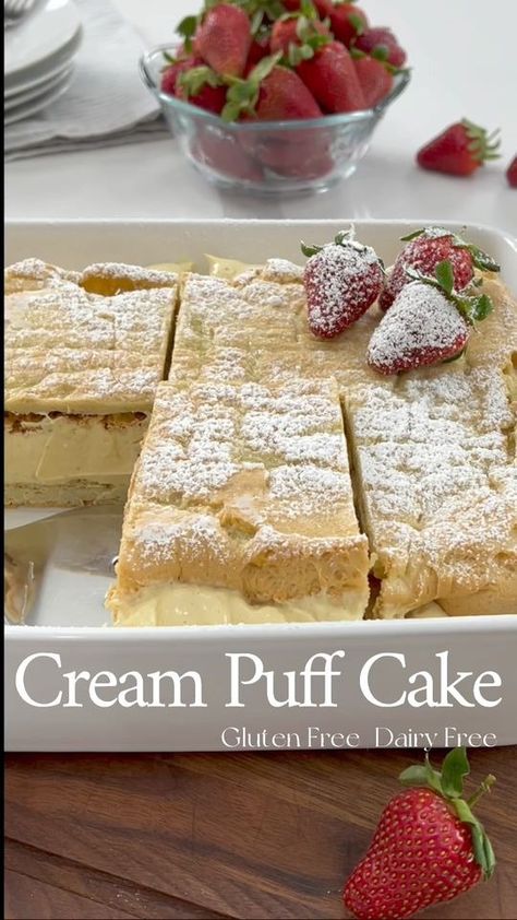 Facebook Cream Puff Cake, The Salty Cooker, Cream Puff Dessert, Custard Recipe Easy, Unique Recipes Desserts, Puff Cake, Easy Puff Pastry Recipe, Cream Puff Cakes, Puff Pastry Recipes Dessert