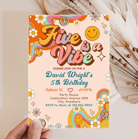 Five a Vibe Groovy Retro Rainbow 5th Birthday Invitation #groovybirthday #70sbirthday #retrobirthday #groovyinvitations #hippiebirthday #70sparty #discotheme #faroutparty #70sbash #vintagebirthday 5th Birthday Invitation, Floral First Birthday, Mimi Birthday, Retro Invitation, Groovy One, Two Groovy, Hippie Birthday, Rainbow Birthday Invitations, Retro Daisy