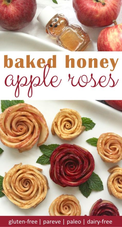 baked apple roses are a beautiful rosh hashanah dessert Rosh Hashana Charcuterie Board, Rosh Hashanah Charcuterie Board, Rosh Hashanah Apple Recipes, Rosh Hashanah Recipes Dessert, Food Roses, Healthy Spring Desserts, Paleo Coconut Macaroons, Rosh Hashanah Desserts, Baked Apple Roses