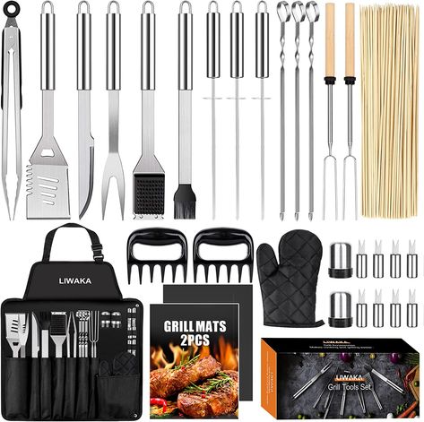 31Pcs Grill Accessories BBQ Tools Set with Storage Apron, Stainless Steel Grill Utensils Set BBQ Accessories Gift for Men Women, Perfect for Camping Backyard Barbecue Outdoor Cooking Station, Grill Kit, Camping Backyard, Bbq Kit, Bbq Tool Set, Metal Skewers, Grilling Utensils, Grill Tools, Basting Brush