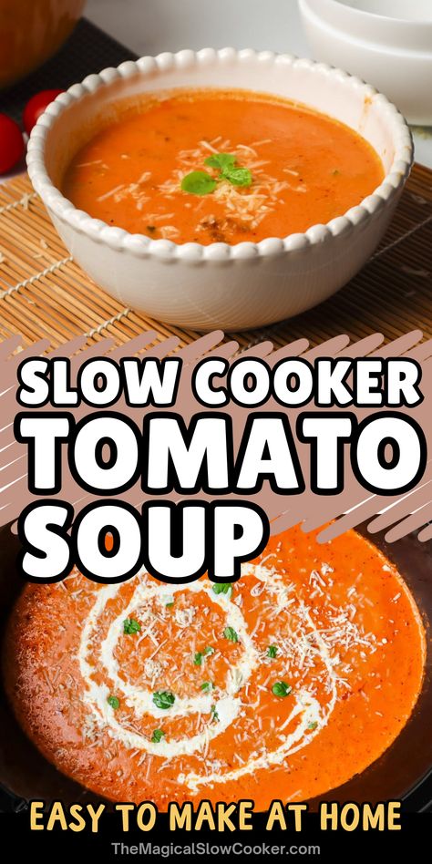 Making your own rich and creamy slow cooker tomato soup just got easier. The combination of tomato, garlic, broth, and a flour mixture makes for a soup that's good for dinner and lunch leftovers. - The Magical Slow Cooker Diy Condensed Tomato Soup, Crockpot Tomato Bisque Soup, Tomato Soup Crockpot Recipes, Crockpot Tomato Basil Soup, Crockpot Tomato Soup, Good For Dinner, Slow Cooker Tomato Soup, Tomato Rice Soup, Garlic Broth