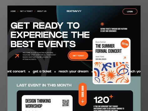 Seatsavvy - Ticket Booking Website by Muhammad Irfan for One Week Wonders on Dribbble Landing Ideas, Ecommerce App, Booking Website, Creative Website Design, App Landing Page, Event Website, Ticket Design, Ui Design Website, Web Ui Design