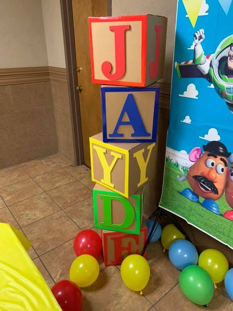 Alphabet blocks #toystoryparty Diy Letter Blocks For Party, Alphabet Blocks Diy, Toy Story Party Decorations, Toy Story Baby, Letter Boxes, Letter Diy, Art Classroom Decor, Story Birthday, Alphabet Blocks