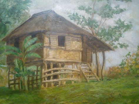 Rural Scene ( Bahay Kubo ) By Cesar Buenaventura Bahay Kubo Drawing Sketch, Bahay Kubo Aesthetic, Bahay Kubo Painting, Bahay Kubo Sketch, Bahay Kubo Philippines, Filipino Landscape, Bahay Kubo Drawing, Bahay Kubo Design Philippines, Bahay Kubo Design