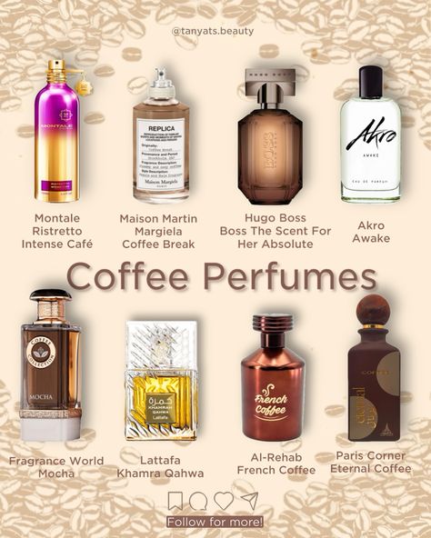 ☕️ Coffee time! Here are 8 perfumes with a prominent coffee note for every budget: ▫️ Montale Ristretto Intense Café — my personal favorite. A beast mode fragrance with notes of roses, vanilla, and coffee. ▫️ Maison Martin Margiela Coffee Break — a sweet latte with a touch of lavender. ▫️ Hugo Boss The Scent For Her Absolute — my favorite designer perfume featuring coffee, vanilla, and peach. ▫️ Akro Awake — an invigorating unisex fragrance with coffee and cardamom. ▫️ Fragrance World M... Montale Ristretto Intense Cafe, Coffee Break Perfume, Akro Awake, How To Smell Like Coffee, Smell Like Lavender, Boss The Scent For Her, Coffee Perfume, Milky Coffee, Coffee Scent