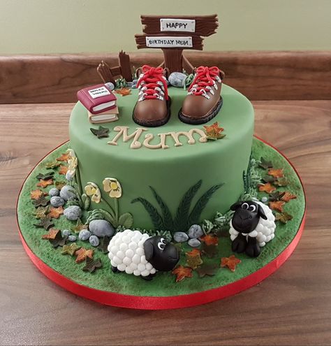 Walking boots hiking birthday cake sheep sign mum books Wales walks Walking Cakes Ideas, Adventure Themed Cake, Hiking Themed Cake, Hiking Birthday Cake, Hiking Cake Ideas, Walking Cake, Mountain Cakes, Hiking Cake, Running Cake